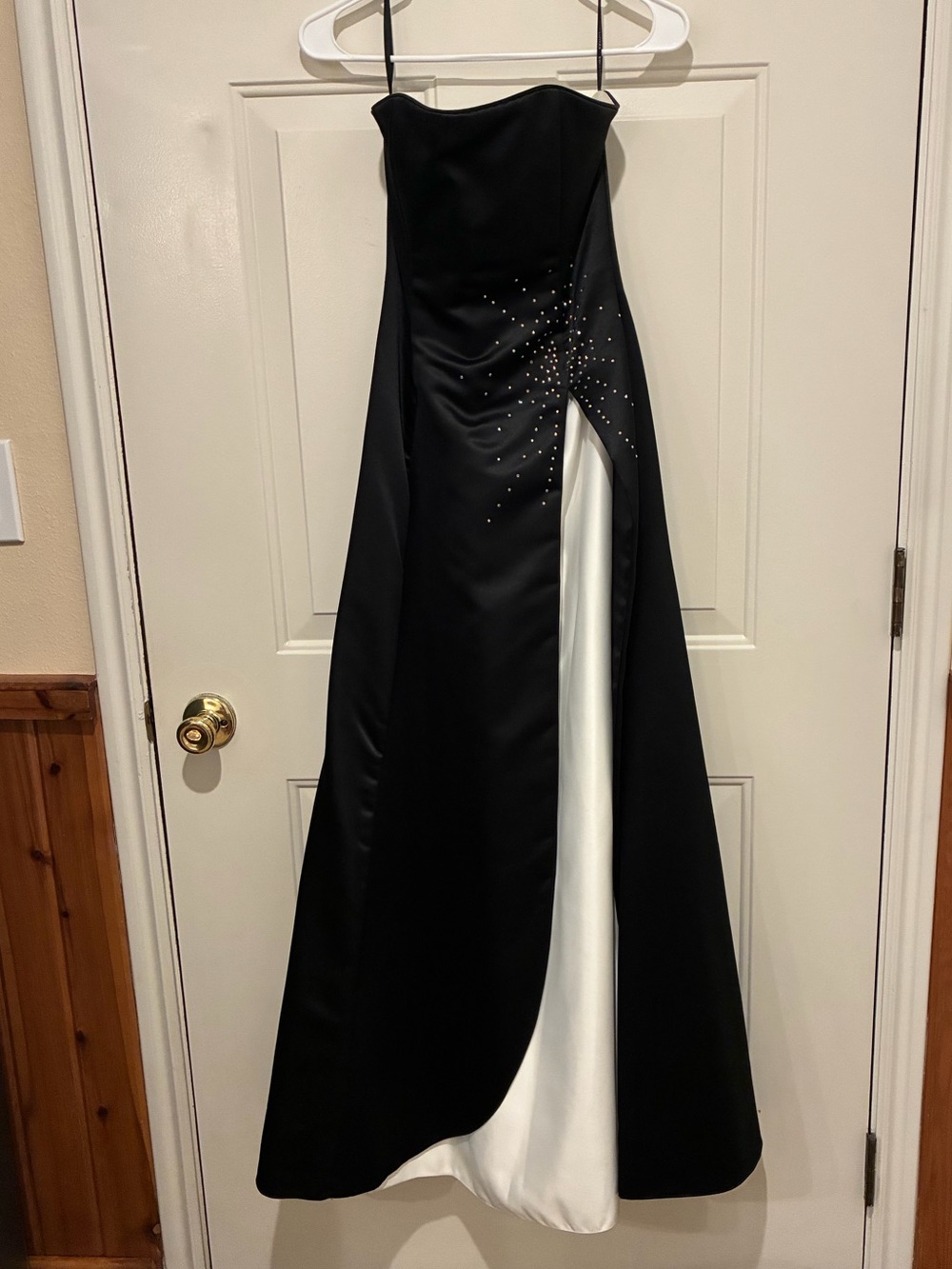 Black Strapless Evening Gown with White Satin Inset and Crystal Accent